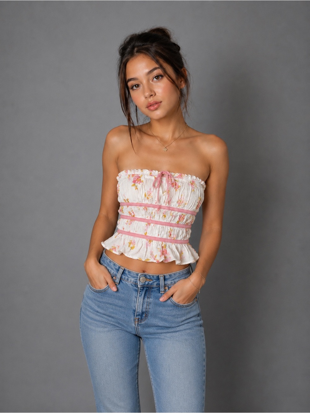 Sienna Sky White Floral Smocked Skort with Pink Trim